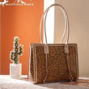 BRAND NEW WITH TAGS Montana West Tan Floral Tooled Concealed Carry Tote Bag